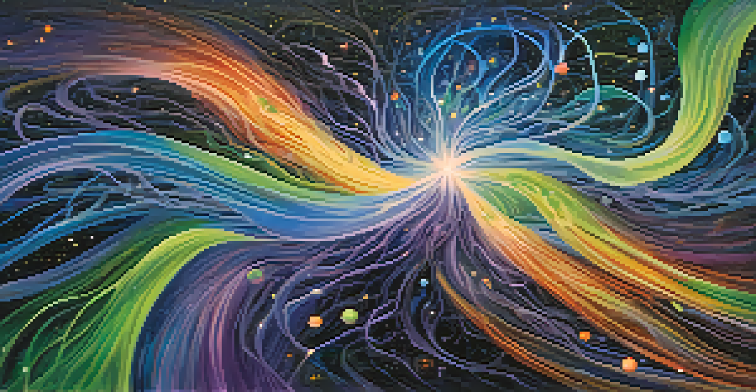 An abstract image depicting interconnectedness with swirling colors and shapes resembling neurons against a starry background.