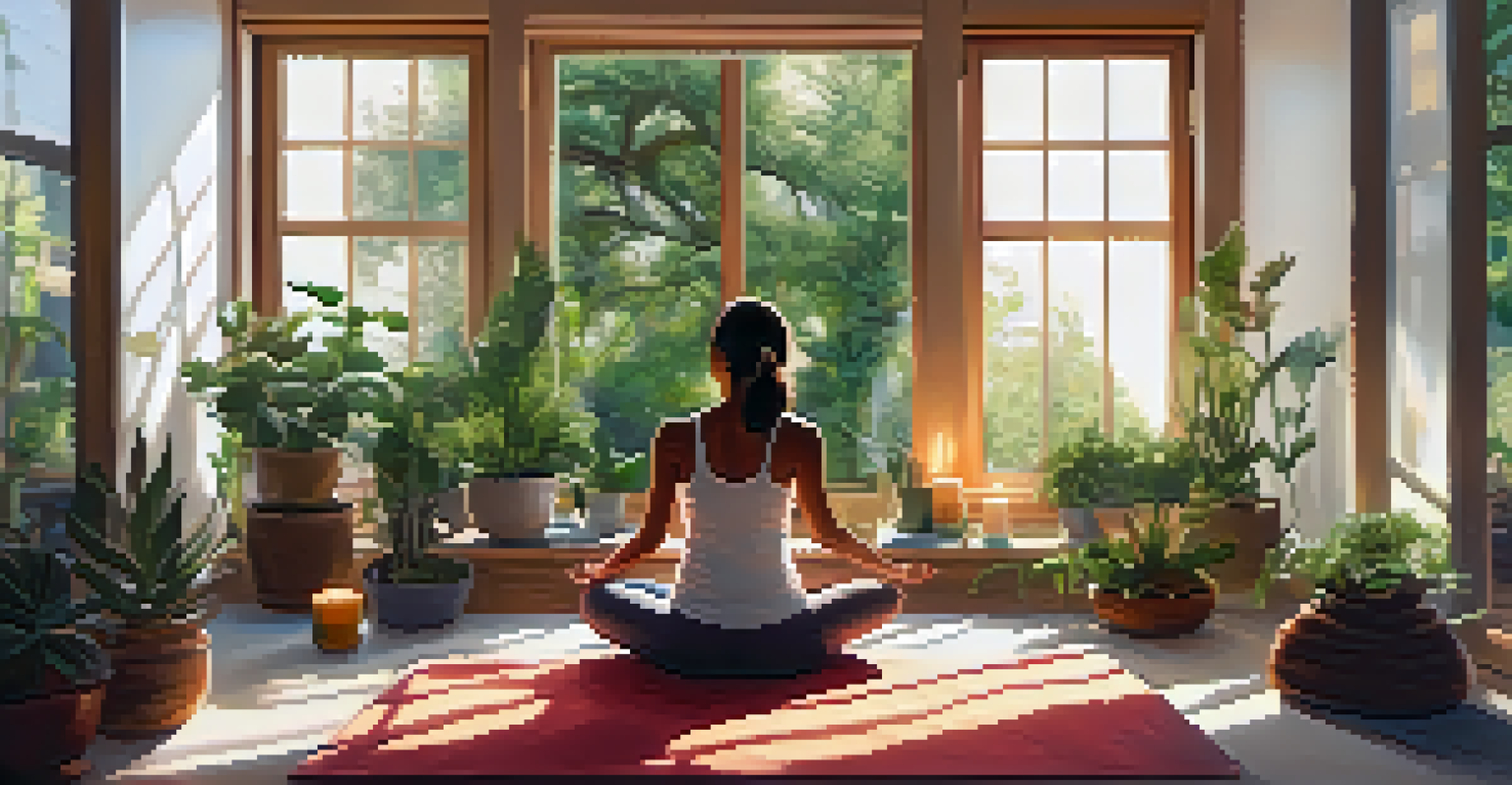 A person meditating in a sunlit room filled with plants and cushions, creating a calm and inviting space.
