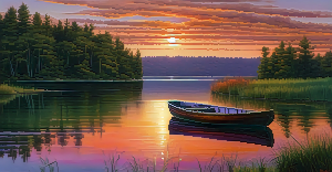 A tranquil lake at sunset with vibrant colors reflecting on the water, surrounded by green trees and a wooden boat.