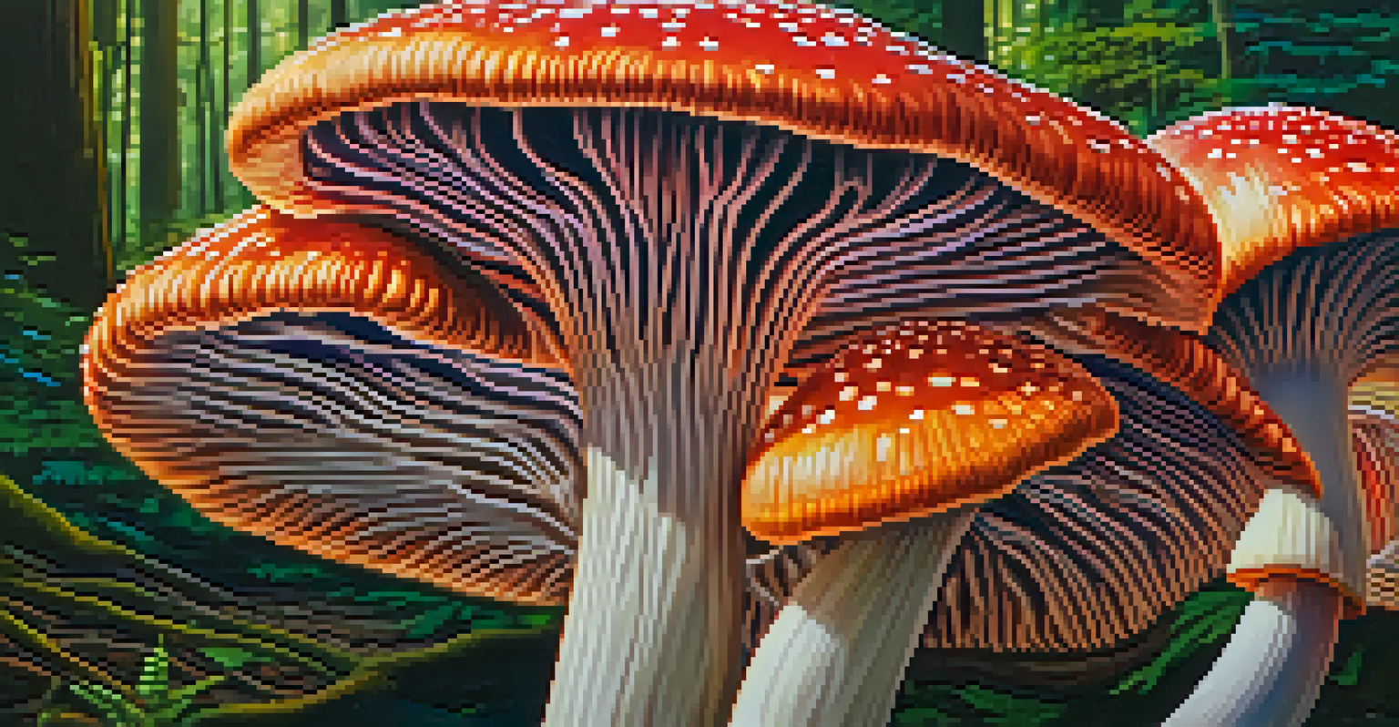 A detailed close-up of a colorful psychedelic mushroom with blurred forest background.