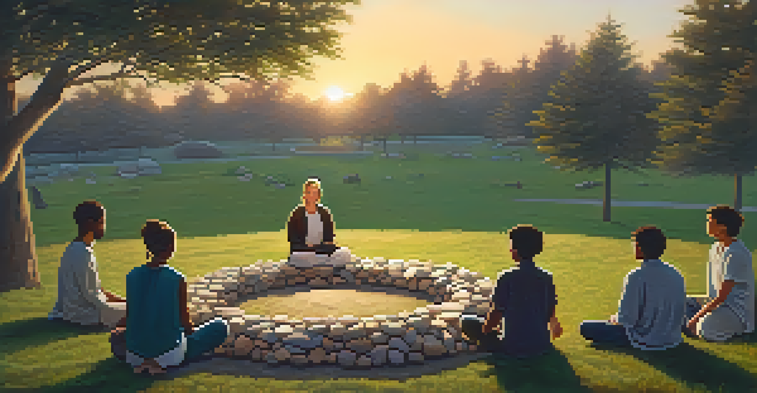 A group of participants seated in a circle of stones on grass, with a sunset in the background, surrounded by trees and nature.