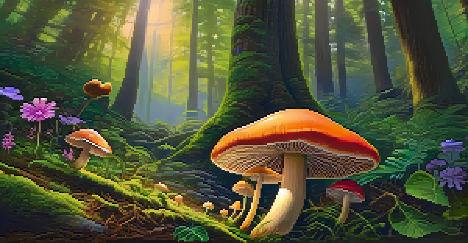 A lush forest scene featuring psilocybin mushrooms surrounded by moss and wildflowers, illuminated by soft sunlight.