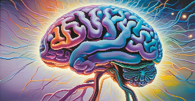 An abstract illustration of a brain with colorful neural connections representing creativity, set against a blue and purple gradient background.