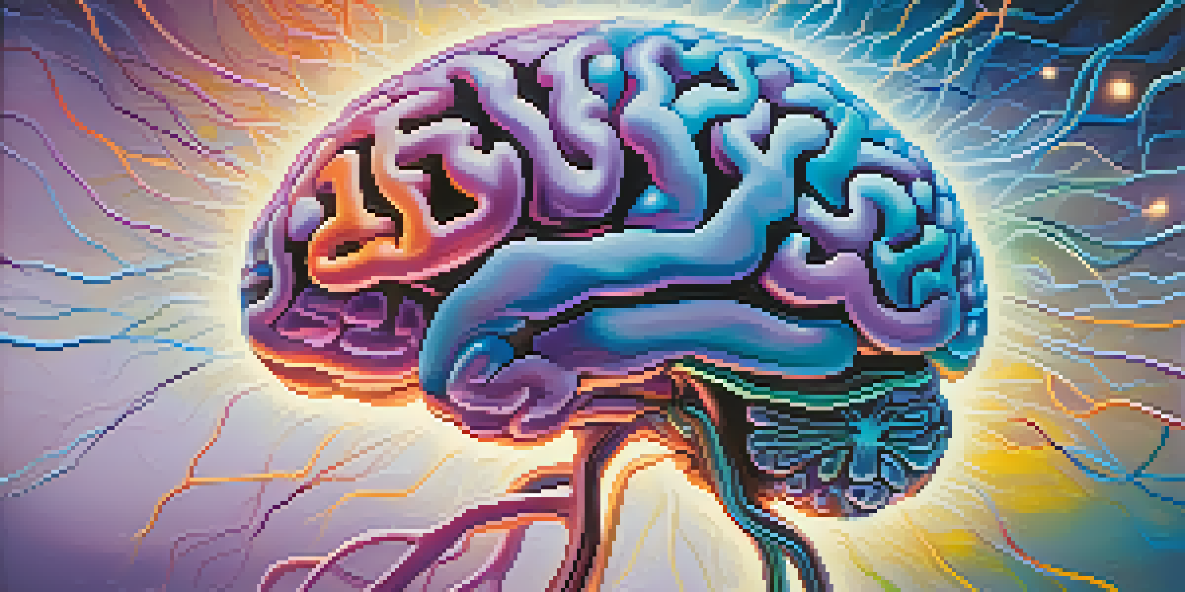 An abstract illustration of a brain with colorful neural connections representing creativity, set against a blue and purple gradient background.
