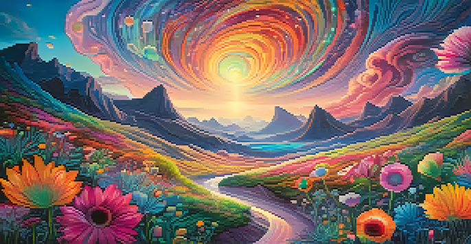 A colorful surreal landscape with oversized luminescent flowers and a dreamlike sky filled with stars and abstract shapes.