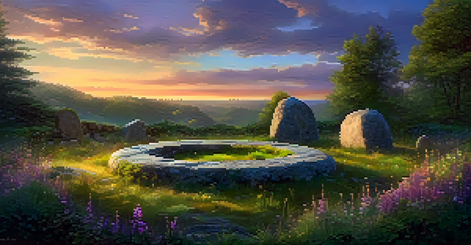 An ancient stone circle surrounded by green plants and colorful sunset sky.