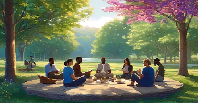 A diverse group of people sitting in a circle outdoors, discussing in a supportive environment with sunlight and greenery around them.