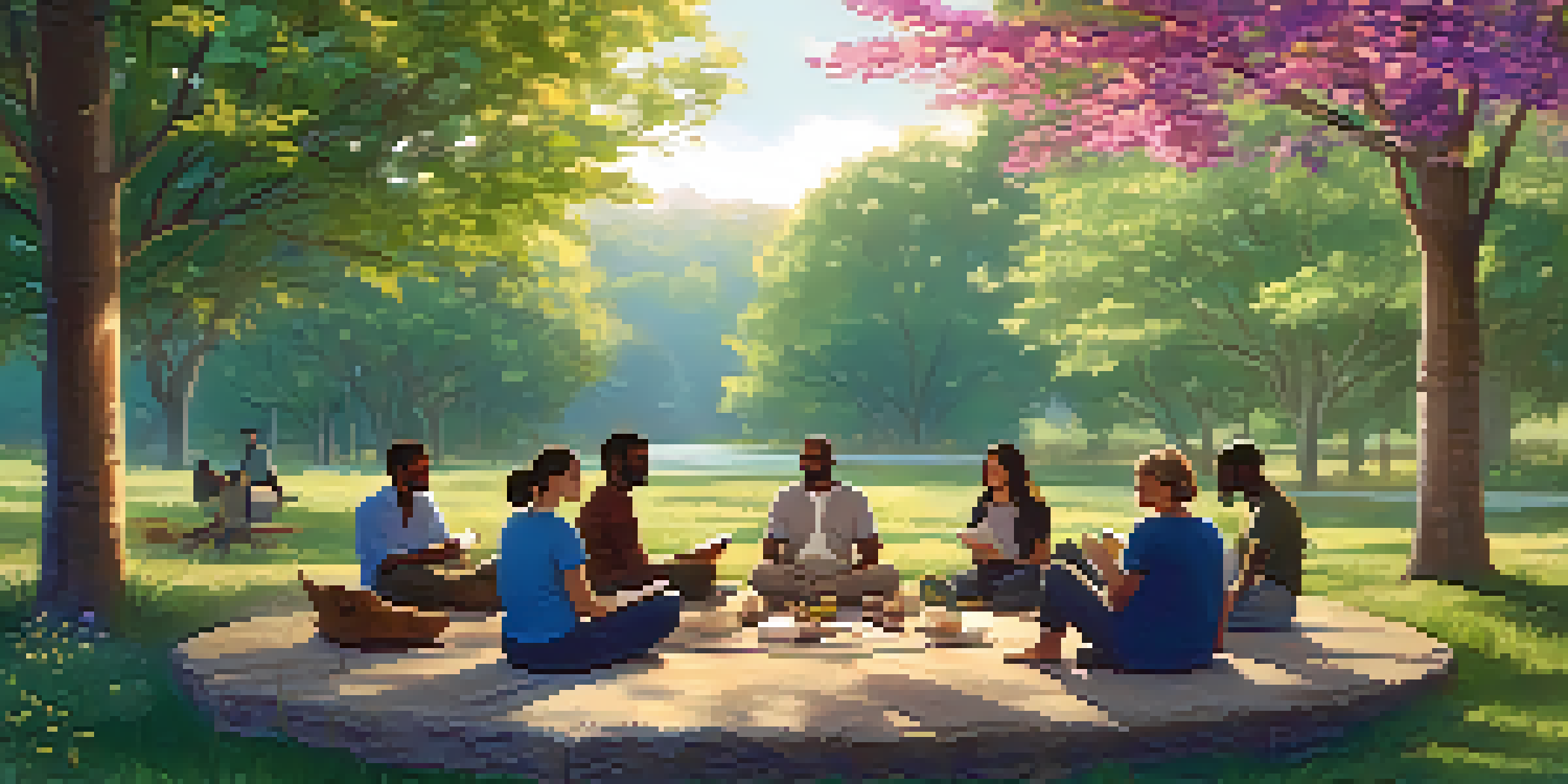A diverse group of people sitting in a circle outdoors, discussing in a supportive environment with sunlight and greenery around them.