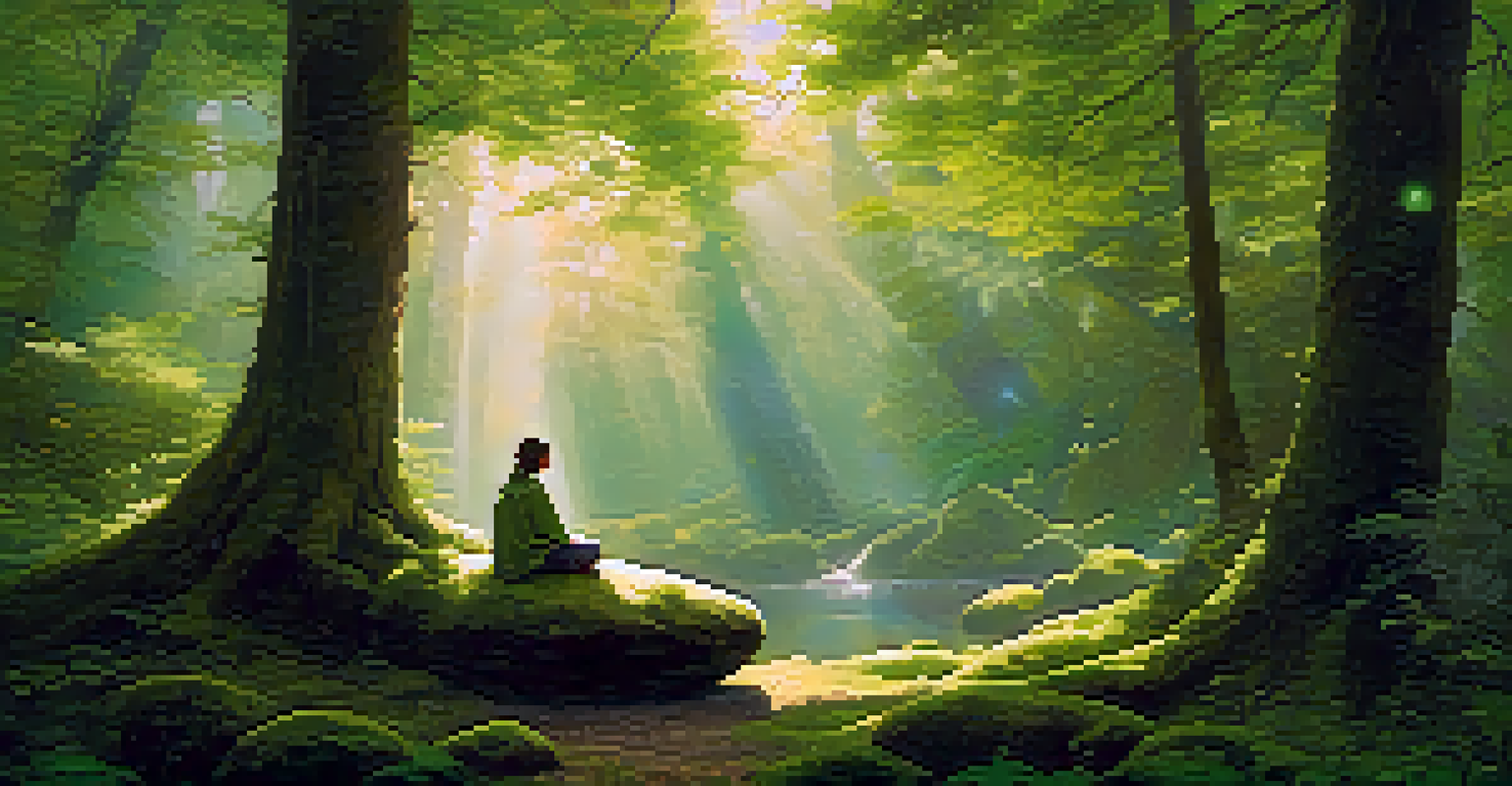A tranquil forest with a person meditating, surrounded by glowing orbs of light.