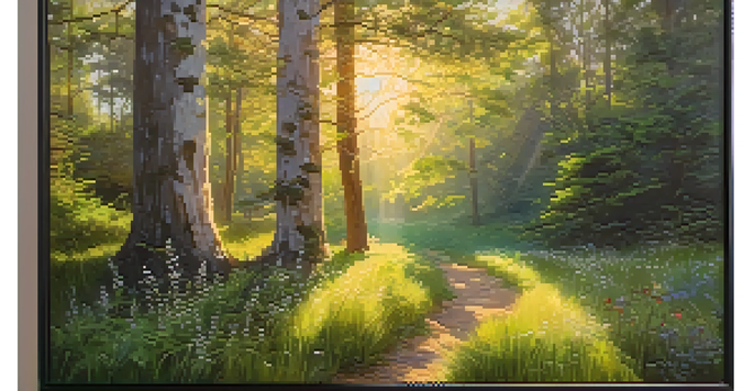 A peaceful forest with golden sunlight filtering through the trees, highlighting colorful wildflowers in a clearing.
