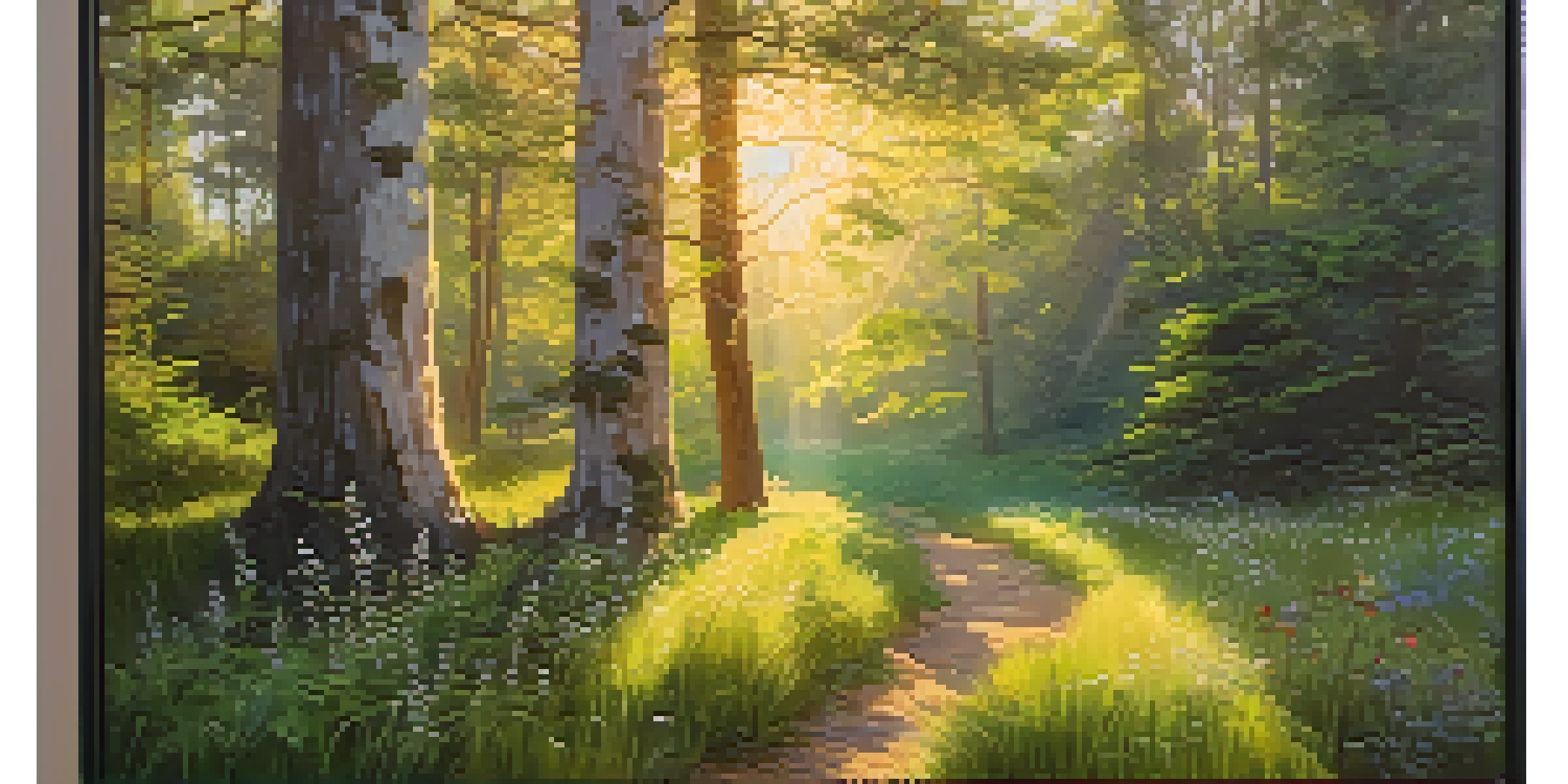 A peaceful forest with golden sunlight filtering through the trees, highlighting colorful wildflowers in a clearing.