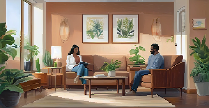 A cozy therapy room with a therapist and patient talking, filled with plants and comforting decor.