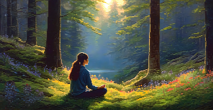 A person meditating on a moss-covered rock in a serene forest at dusk, surrounded by wildflowers.