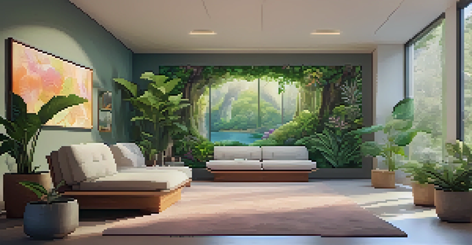 A peaceful therapy room with soft lighting and calming decor, designed for psychedelic therapy sessions.