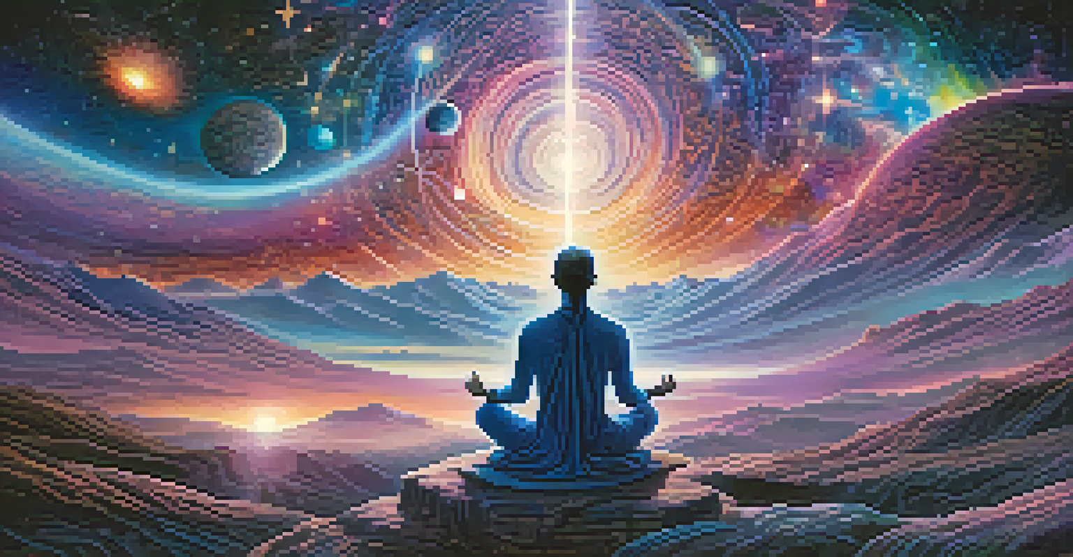 An abstract cosmic scene depicting a meditating figure connected to a vibrant galaxy with swirling colors and stars.
