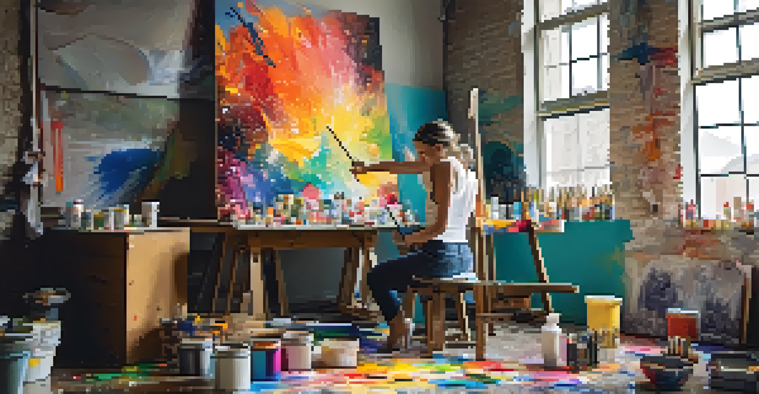 An artist passionately painting in a colorful studio, surrounded by paint splashes and canvases.
