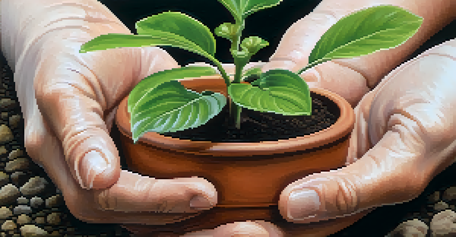 Close-up of hands cradling a small potted plant, representing growth and care.