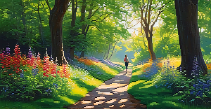 A person walking in a beautiful forest, with sunlight filtering through the trees and colorful flowers along the path.