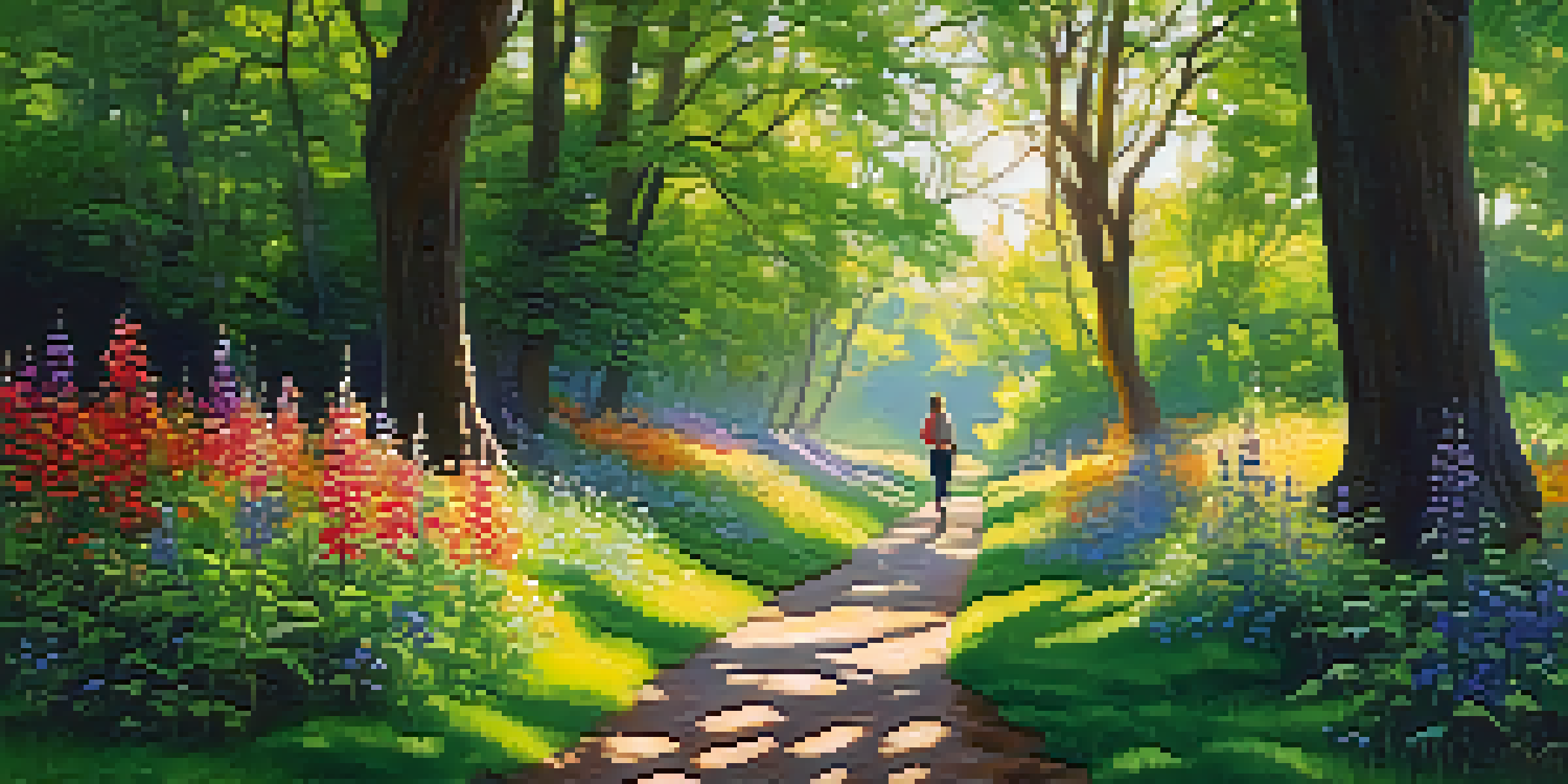 A person walking in a beautiful forest, with sunlight filtering through the trees and colorful flowers along the path.