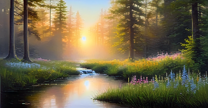 A tranquil forest at dawn with mist, sunlight filtering through trees, and a stream reflecting the sunrise.