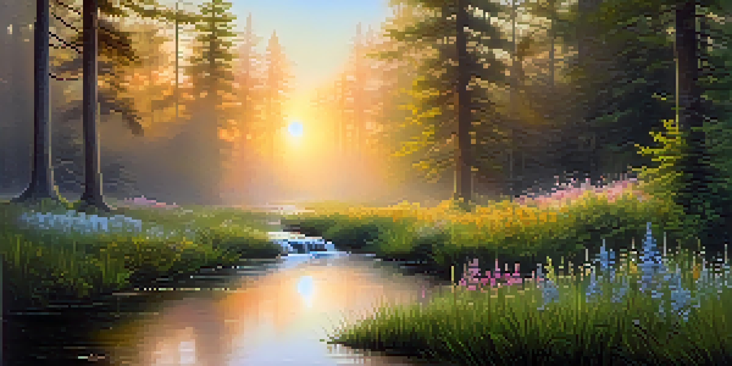 A tranquil forest at dawn with mist, sunlight filtering through trees, and a stream reflecting the sunrise.