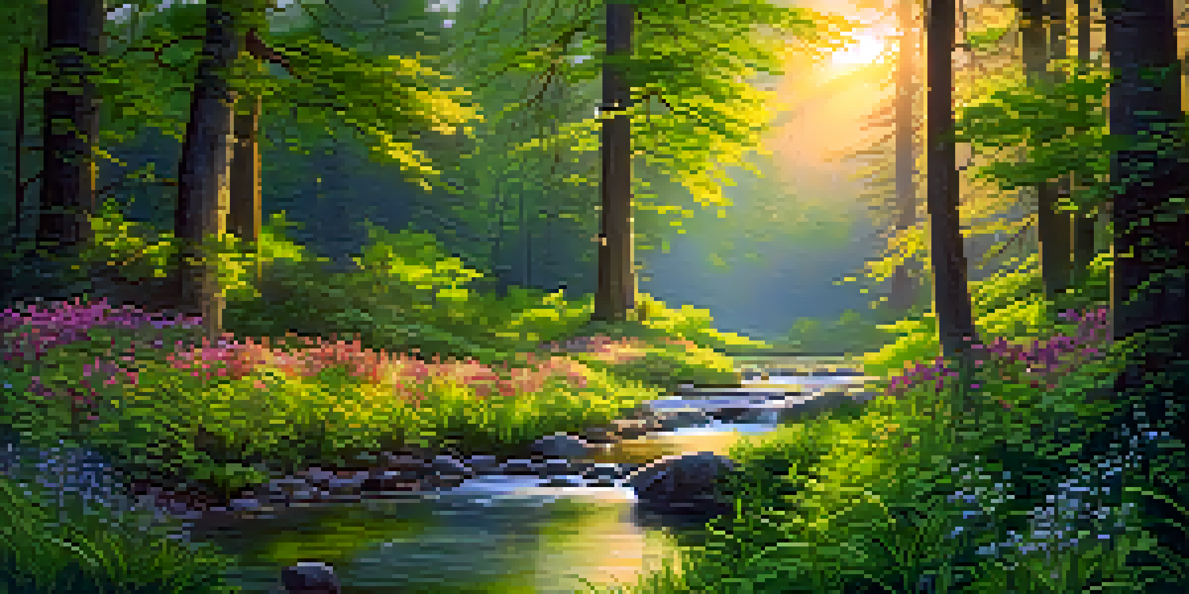 A tranquil forest scene with sunlight filtering through leaves, colorful wildflowers in the foreground, and a gentle stream reflecting the sunset.