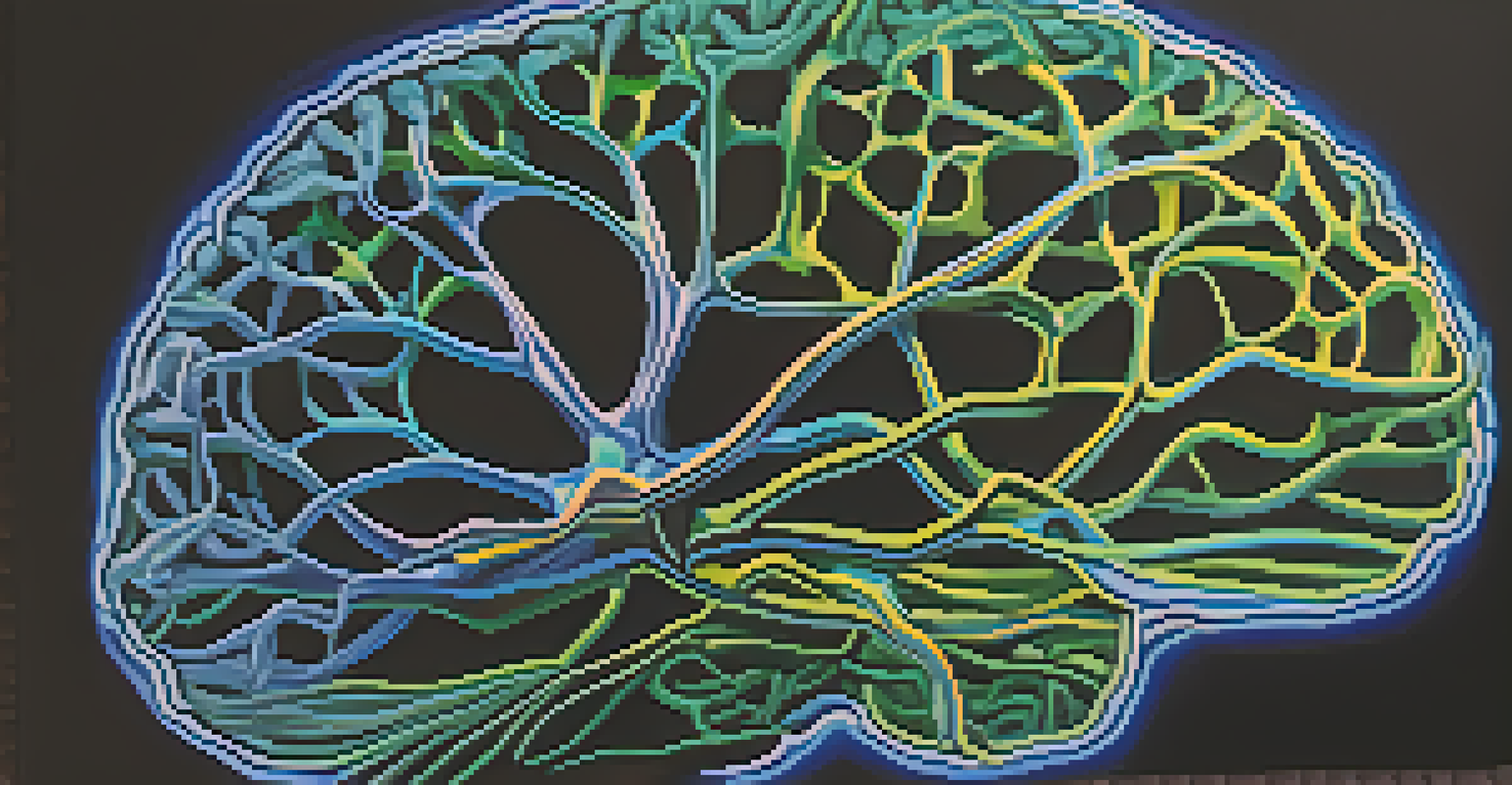 An abstract depiction of a human brain with illuminated neural pathways against a dark background.
