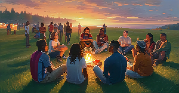 A group of diverse LGBTQ+ individuals sitting in a circle on a grassy field, sharing stories around a campfire during sunset, with colorful flags in the background.