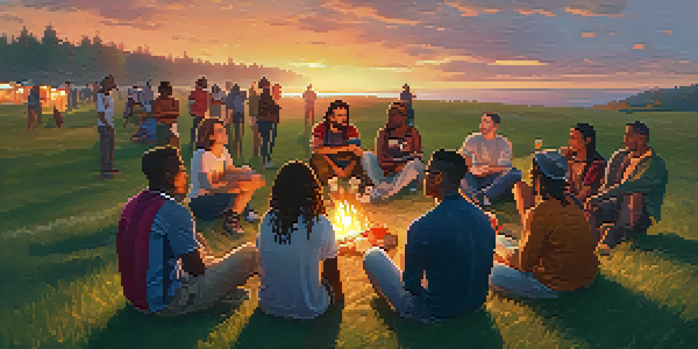 A group of diverse LGBTQ+ individuals sitting in a circle on a grassy field, sharing stories around a campfire during sunset, with colorful flags in the background.