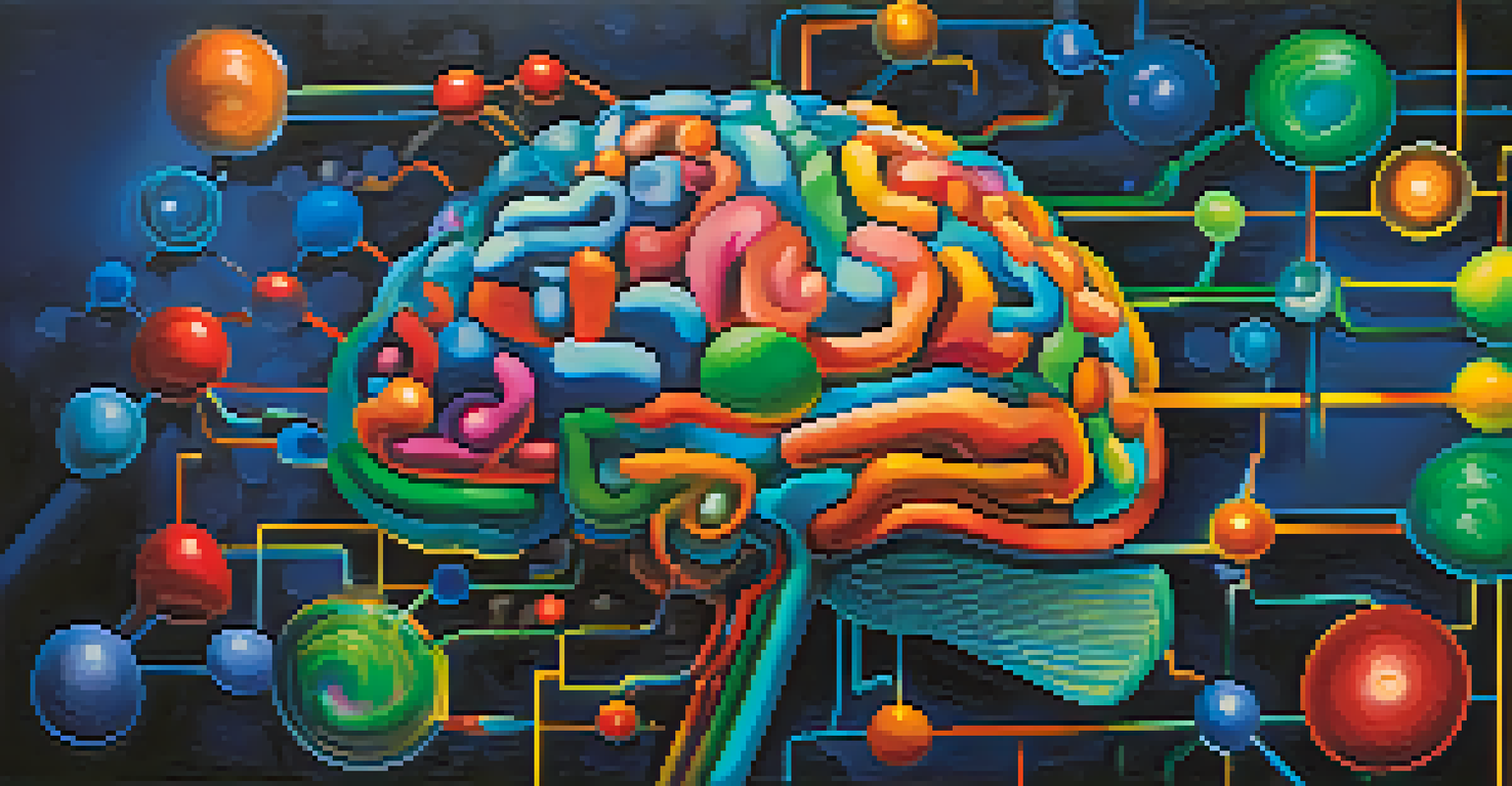A colorful abstract illustration of a brain with neurotransmitters, symbolizing emotional connection and healing.