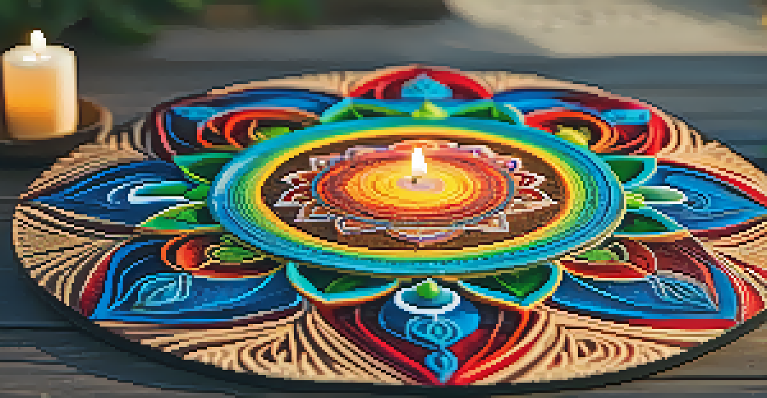 A colorful sand mandala on a wooden table with candles, set in a peaceful meditation space.