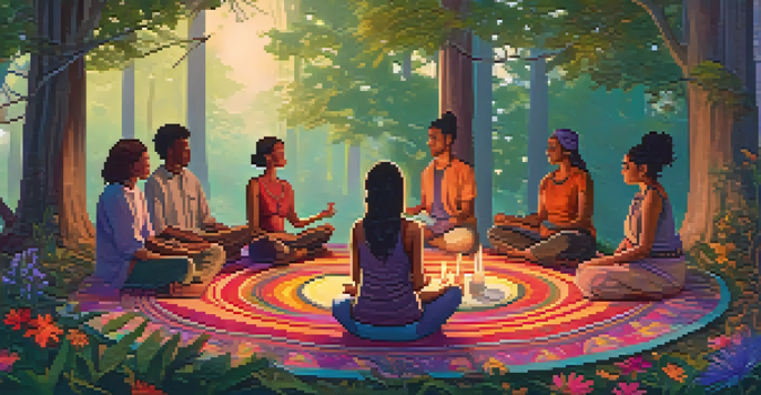 A peaceful outdoor setting for a psychedelic retreat, featuring a diverse group of individuals meditating in a circle under a forest canopy, with sunlight streaming through the trees.