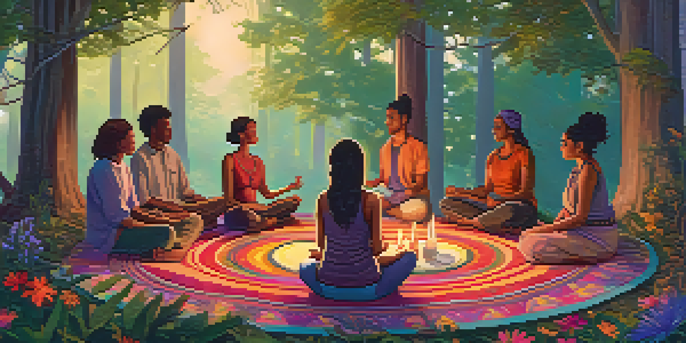 A peaceful outdoor setting for a psychedelic retreat, featuring a diverse group of individuals meditating in a circle under a forest canopy, with sunlight streaming through the trees.