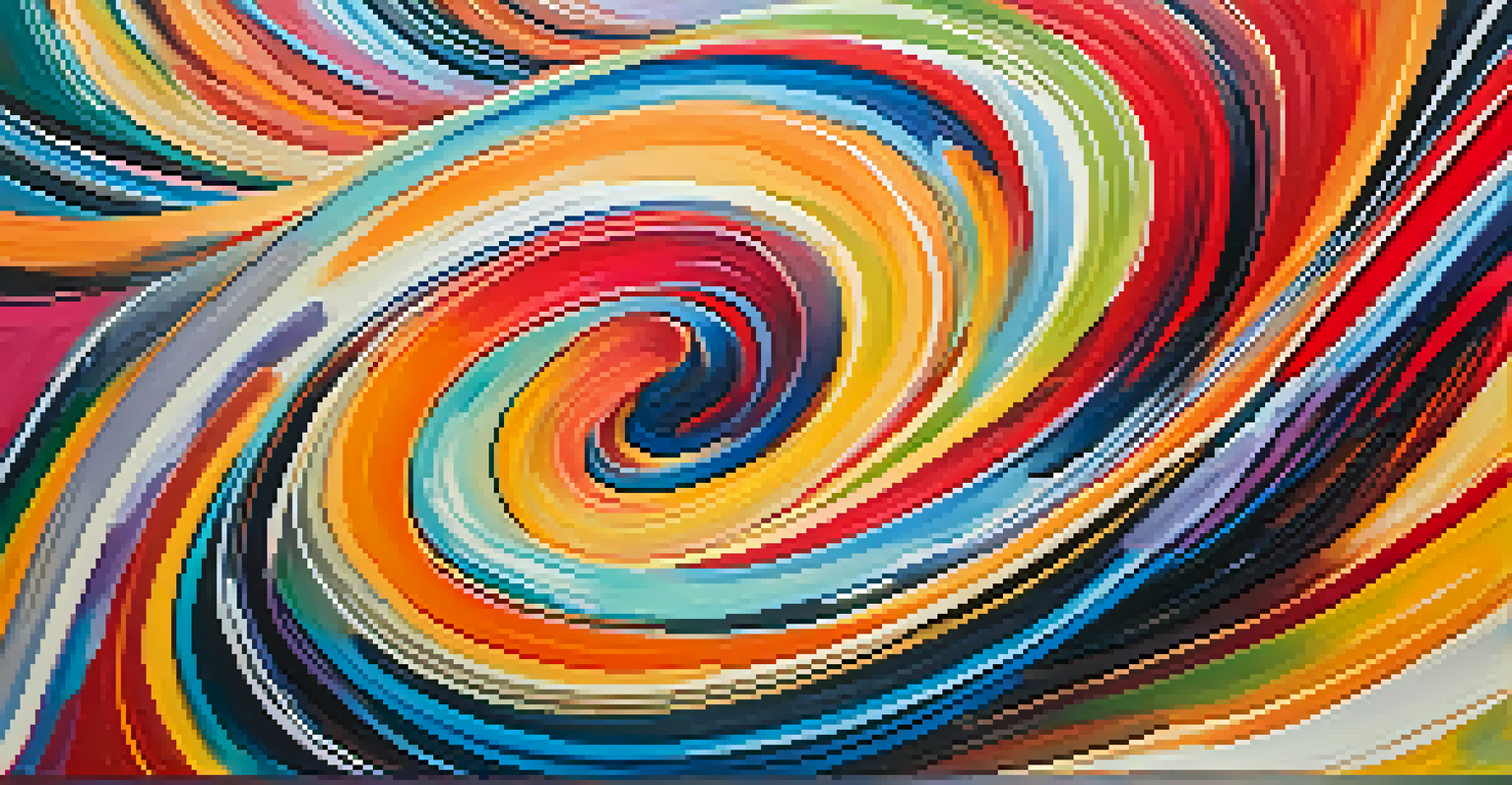 A close-up of an abstract painting with bold colors and dynamic brush strokes, showcasing vibrant patterns.