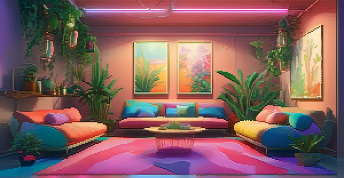 A calming indoor space with soft lighting, cushions, plants, and abstract art, designed for emotional safety during a psychedelic experience.