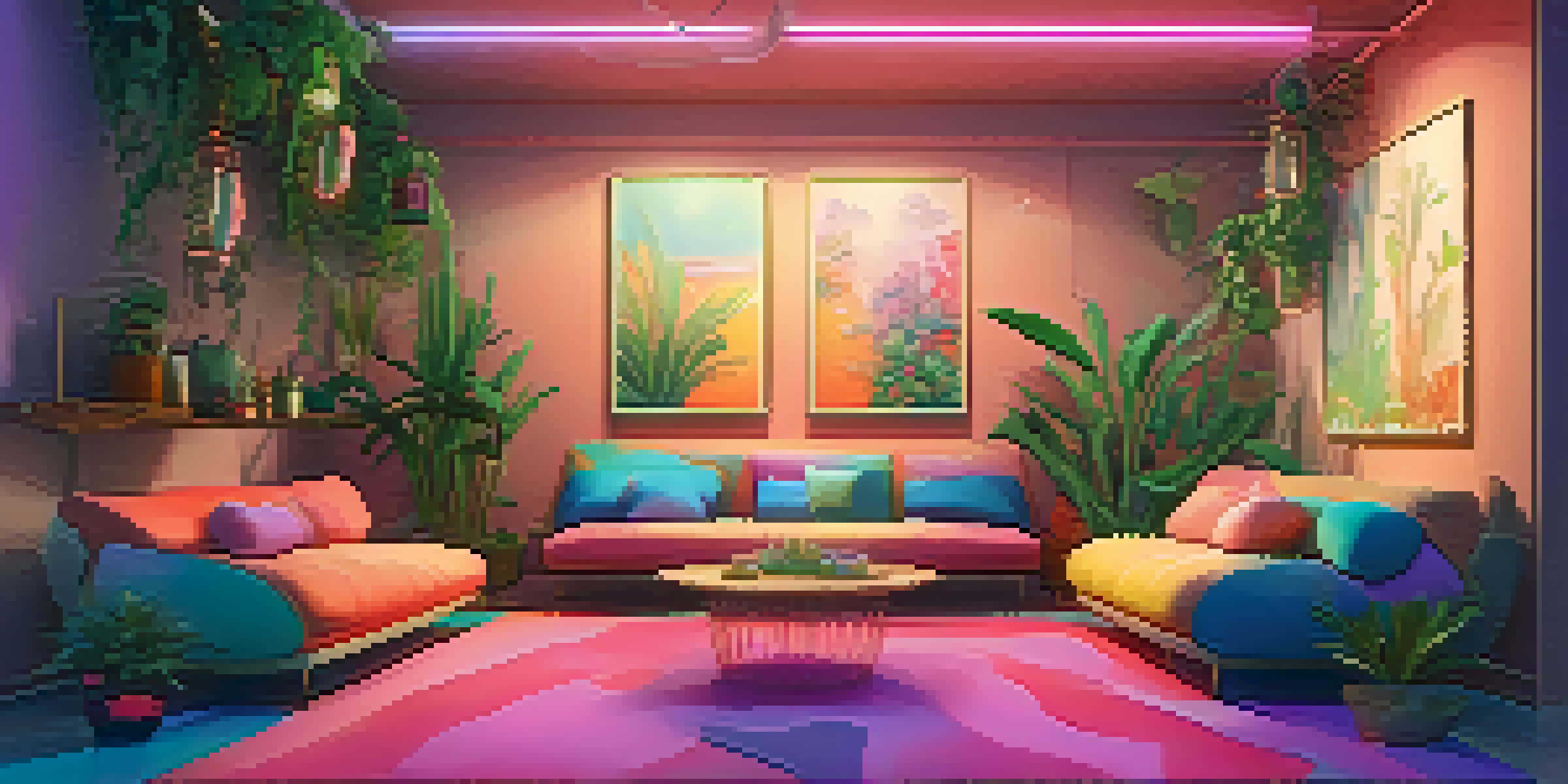 A calming indoor space with soft lighting, cushions, plants, and abstract art, designed for emotional safety during a psychedelic experience.