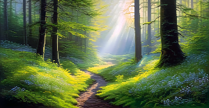 A tranquil forest at dawn with sunlight breaking through the trees, highlighting moss and wildflowers along a winding path.