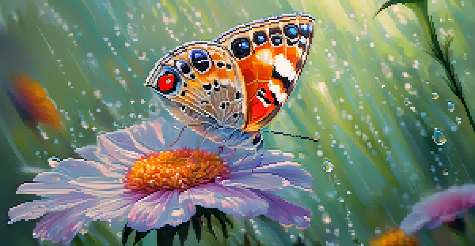 A colorful butterfly on a blooming flower, highlighting intricate patterns and dew drops in soft morning light.
