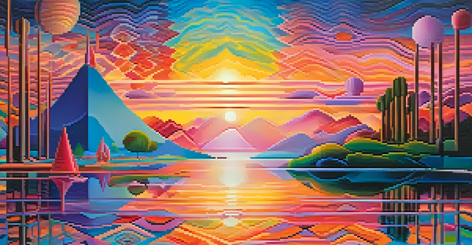 A dreamlike landscape with colorful patterns and glowing light reflecting on a serene lake.