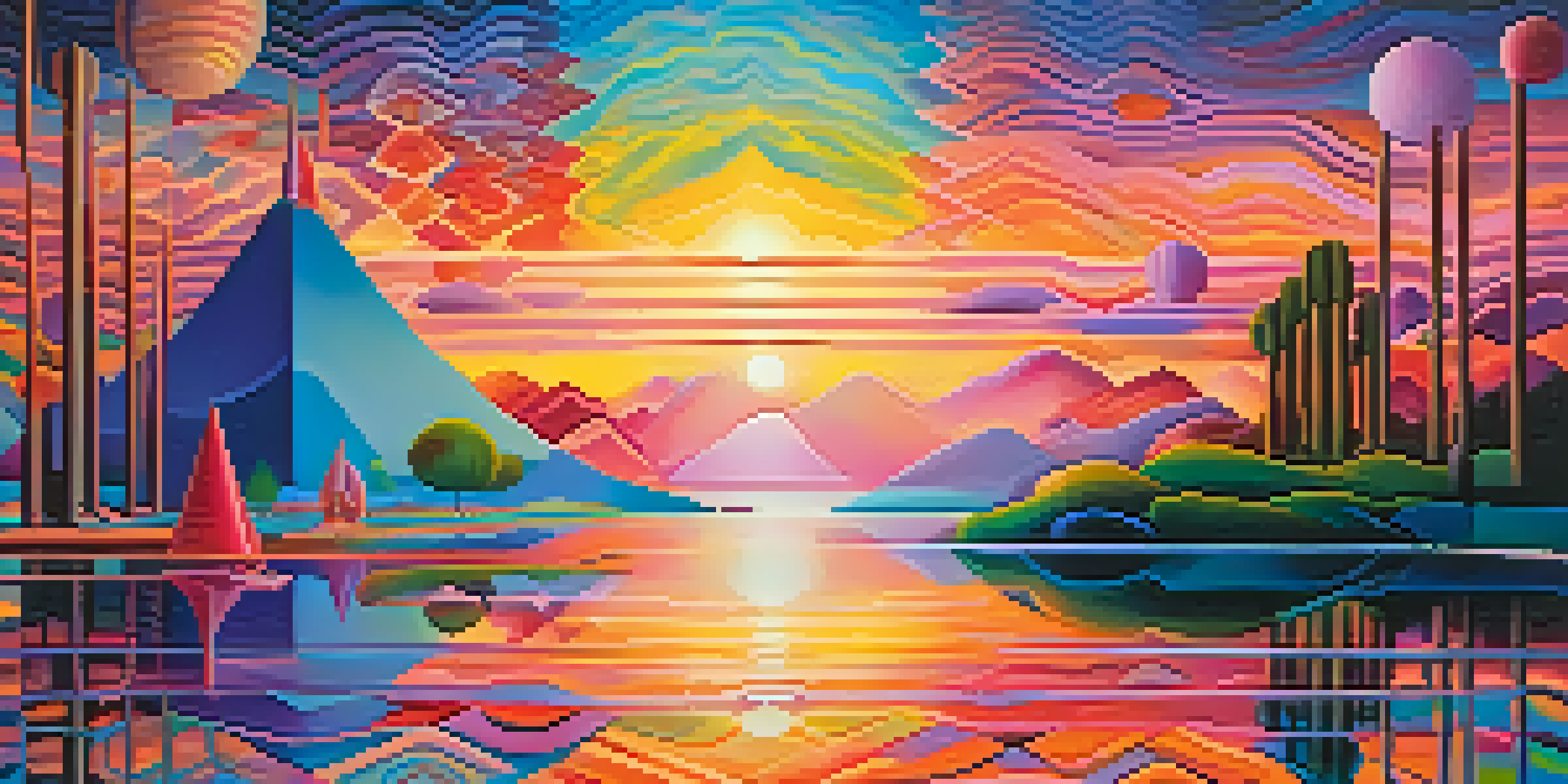 A dreamlike landscape with colorful patterns and glowing light reflecting on a serene lake.