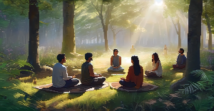 A group of diverse individuals meditating in a serene forest clearing at dawn, surrounded by trees and wildflowers, with soft sunlight illuminating the scene.