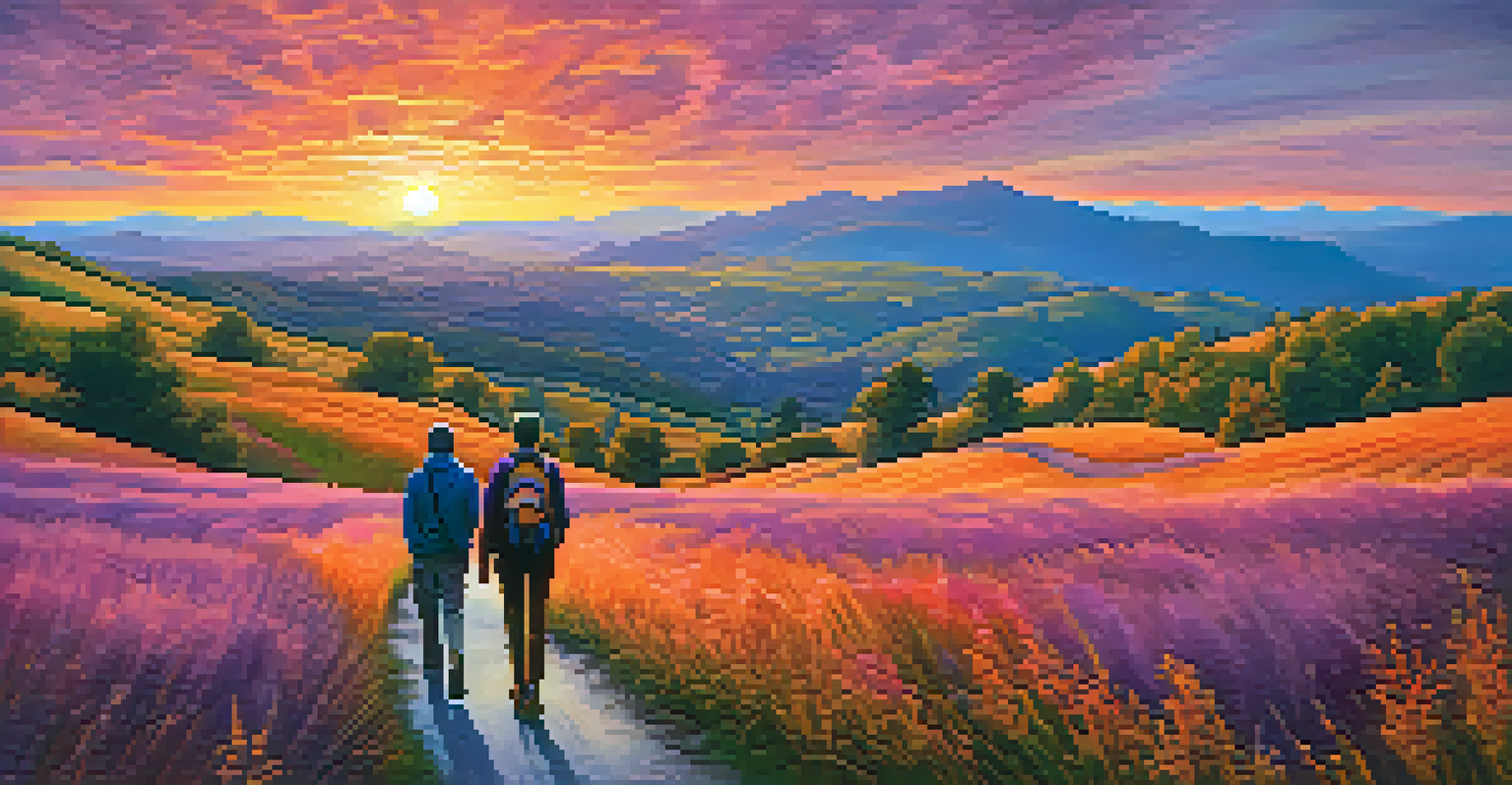 A sunset landscape with people walking along a path, reflecting on their retreat experiences under a colorful sky.