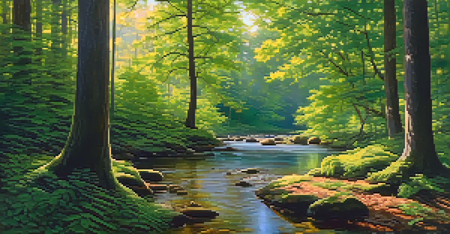 A tranquil forest scene with trees and sky merging, sunlight filtering through leaves, and a stream reflecting vibrant colors.