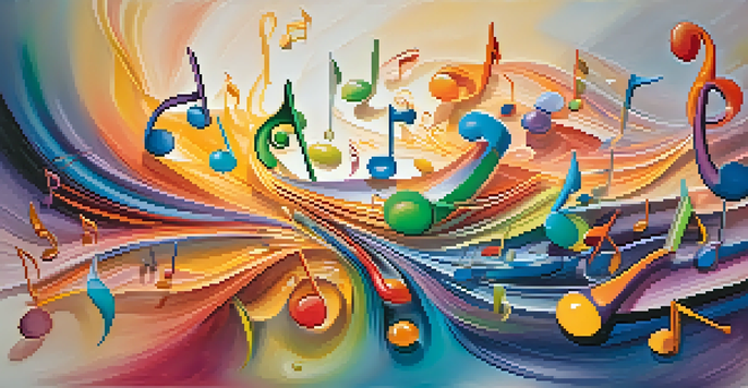 An abstract image depicting colors flowing from musical notes, creating a dreamy and vibrant atmosphere.