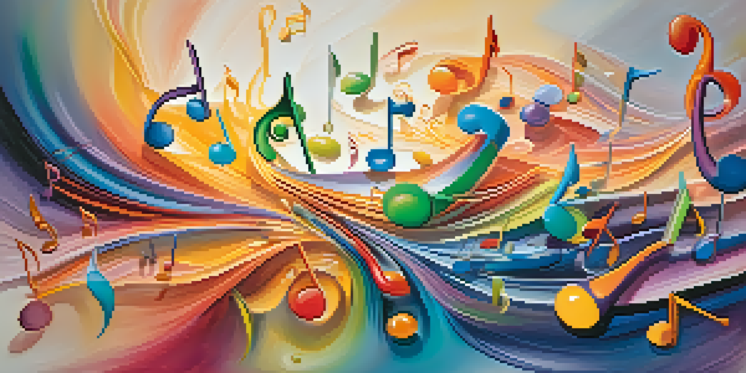 An abstract image depicting colors flowing from musical notes, creating a dreamy and vibrant atmosphere.