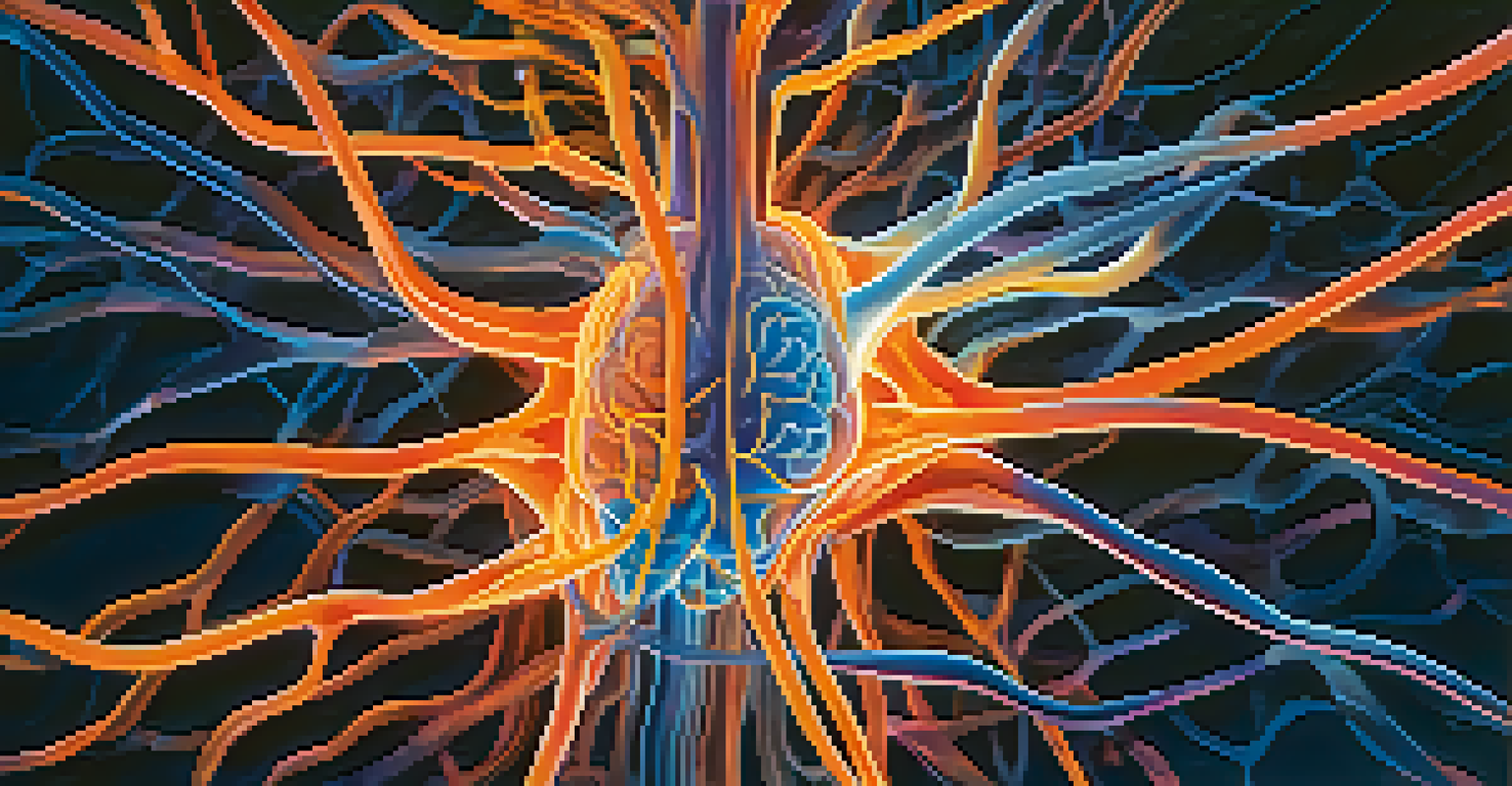 An abstract image of a brain with illuminated neural pathways in vibrant colors, representing neuroplasticity and adaptation.