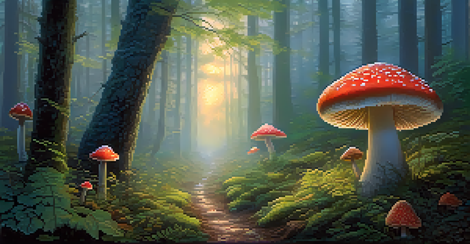 A tranquil forest at twilight with glowing mushrooms and a misty path.