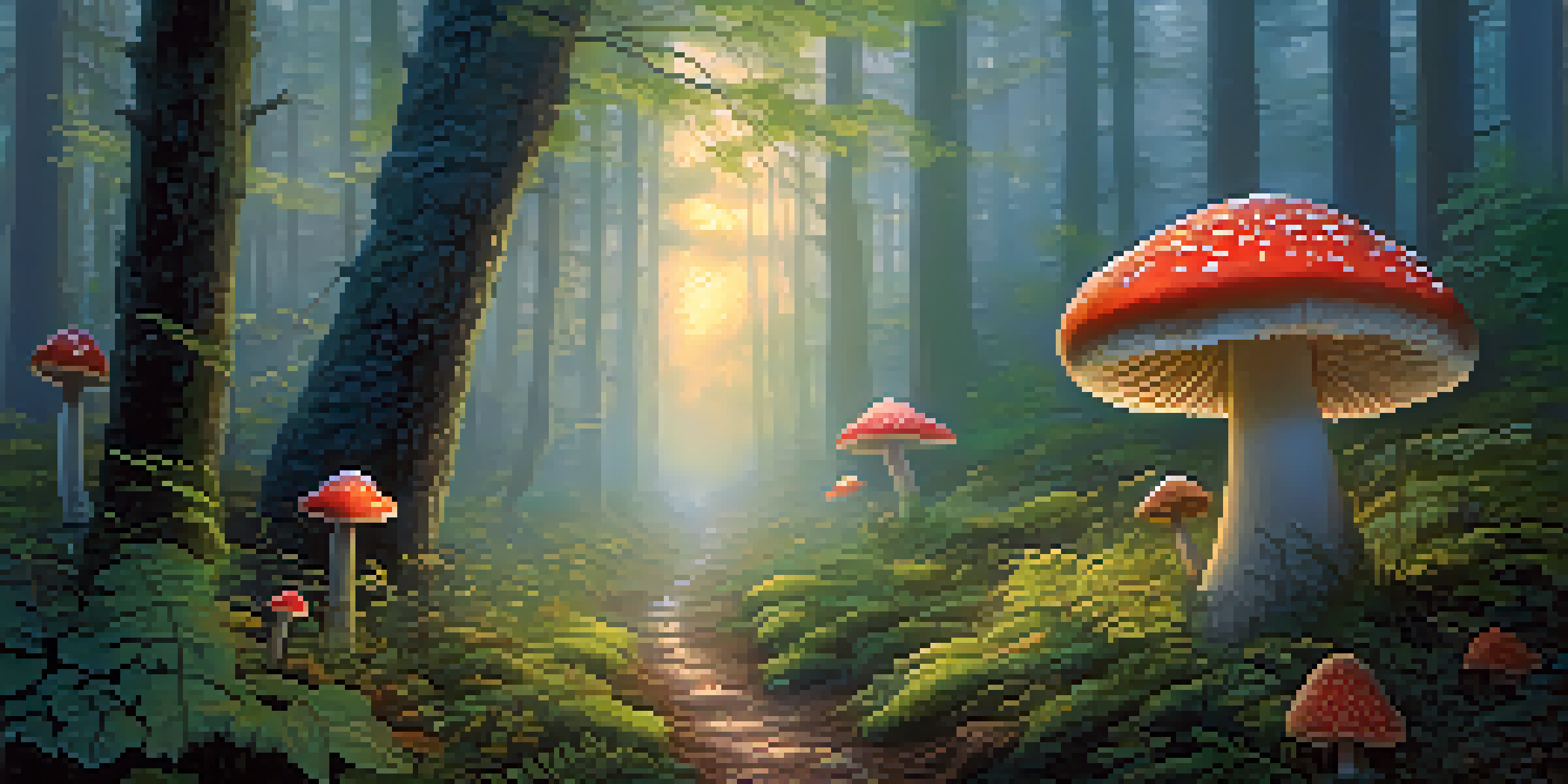 A tranquil forest at twilight with glowing mushrooms and a misty path.