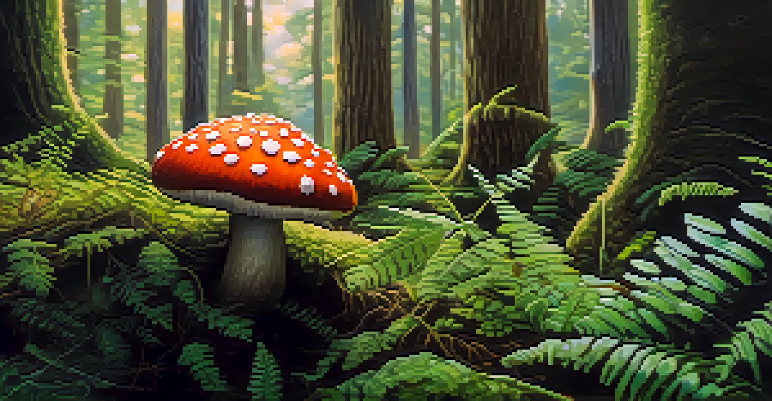 A close-up of a hand holding a colorful mushroom in a green forest, with dappled sunlight highlighting its details.