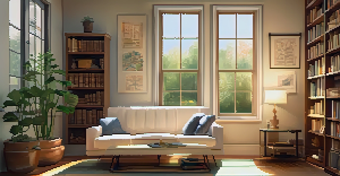 A cozy therapy room with warm lighting, a comfortable couch, bookshelves, and a view of a peaceful garden outside.